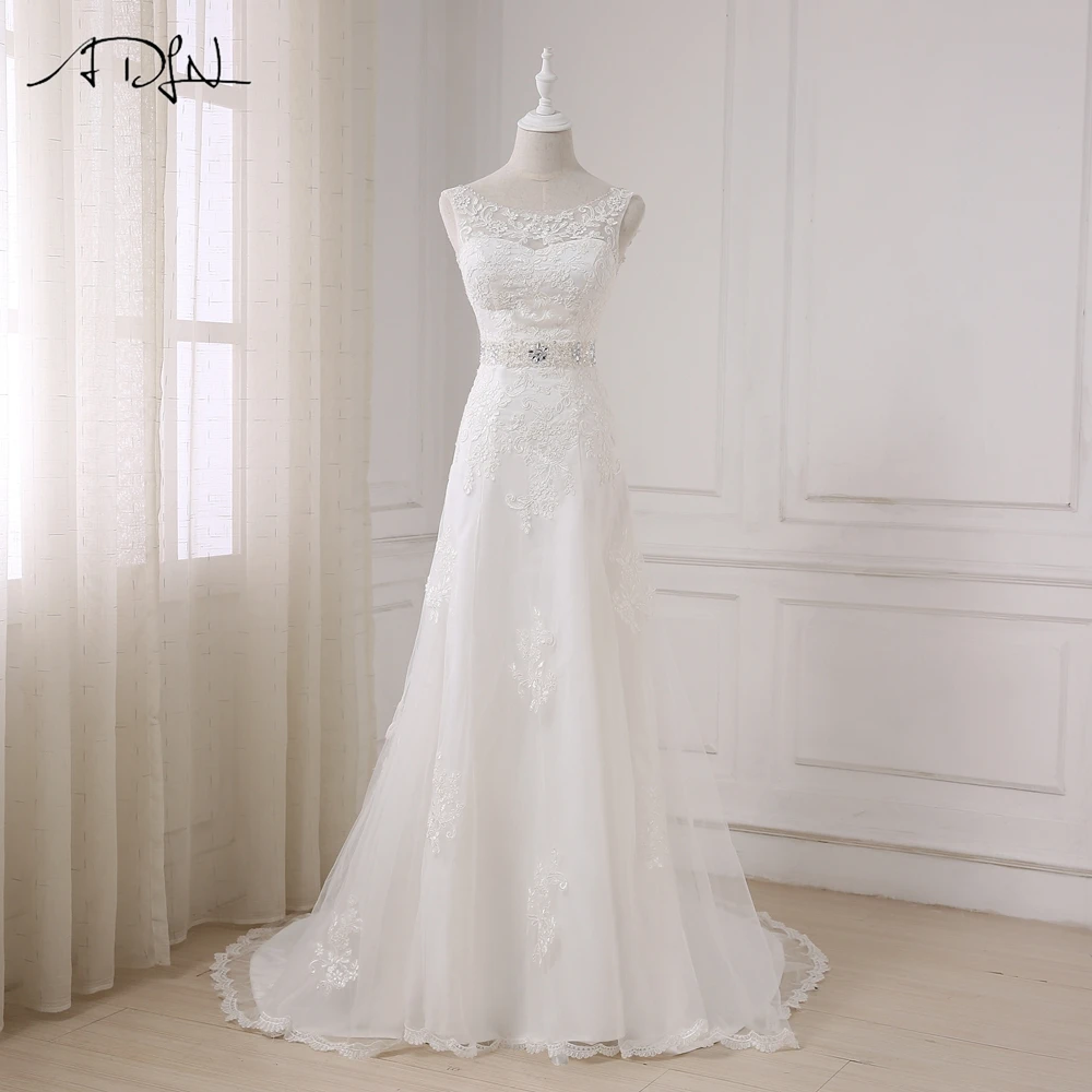 ADLN Scoop Spitze Hochzeit Kleider mit Strass vestido branco Nach Maß Perlen Plus Größe A-line Brautkleid Robe de Mariage