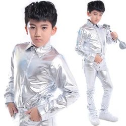 2019 Jazz Dance Costumes Boys Silver Lacquered Leather Shirt Pants Set Children Street Clothes Hip Hop Stage Outfits DNV11071