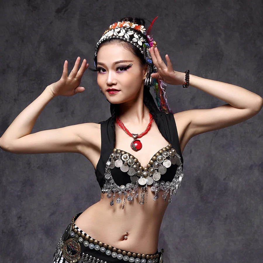 New 2018 ATS Múa Bụng Quần Áo Áo Kim Loại Studs Push Up Hạt Gypsy Áo Ngực B/C CUP Đồng Xu Cổ Điển top Belly Dance Bra Tribal