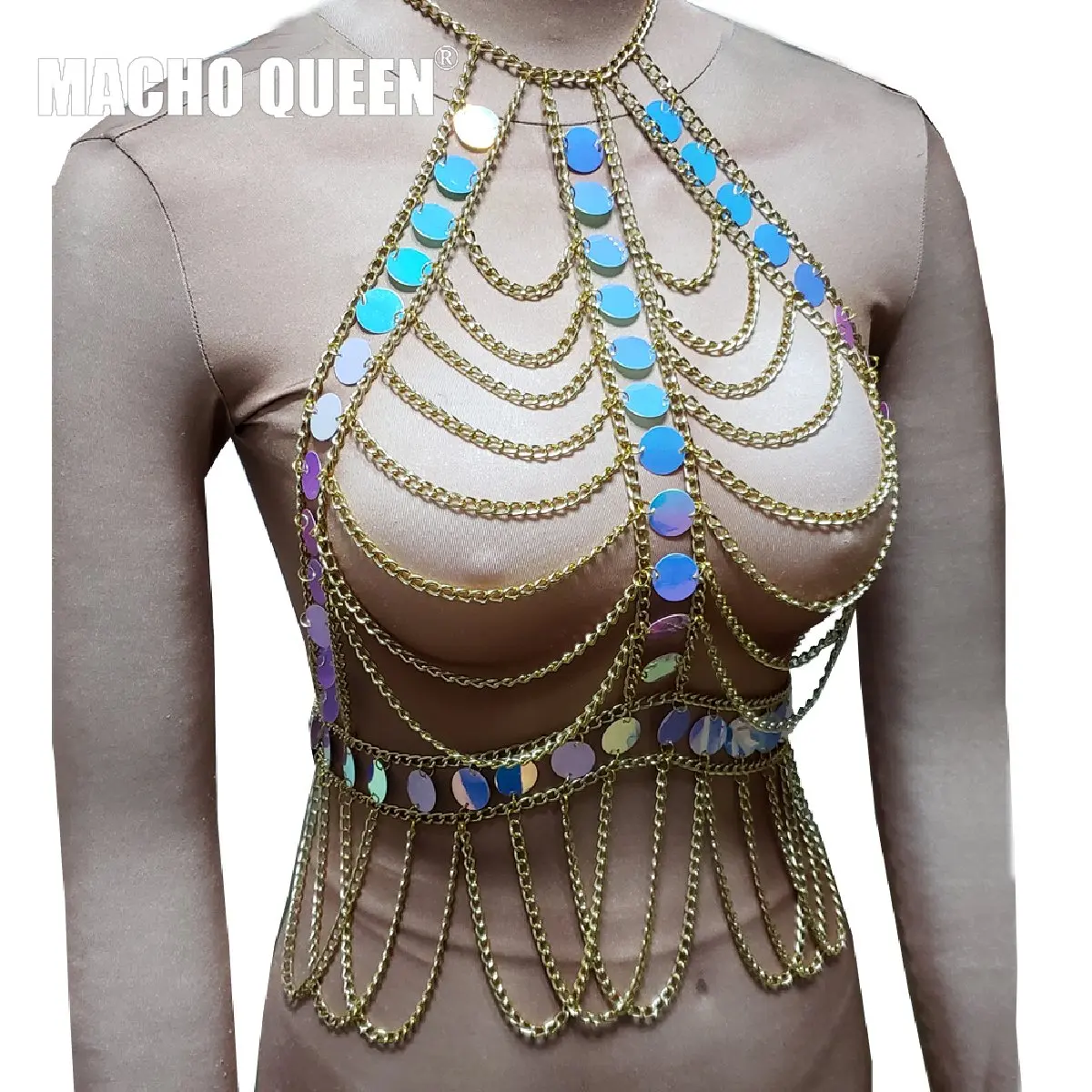 

Holographic Burning Man Rave Body Chain Crop Top Costumes Muscial Festival Outfits Clothes