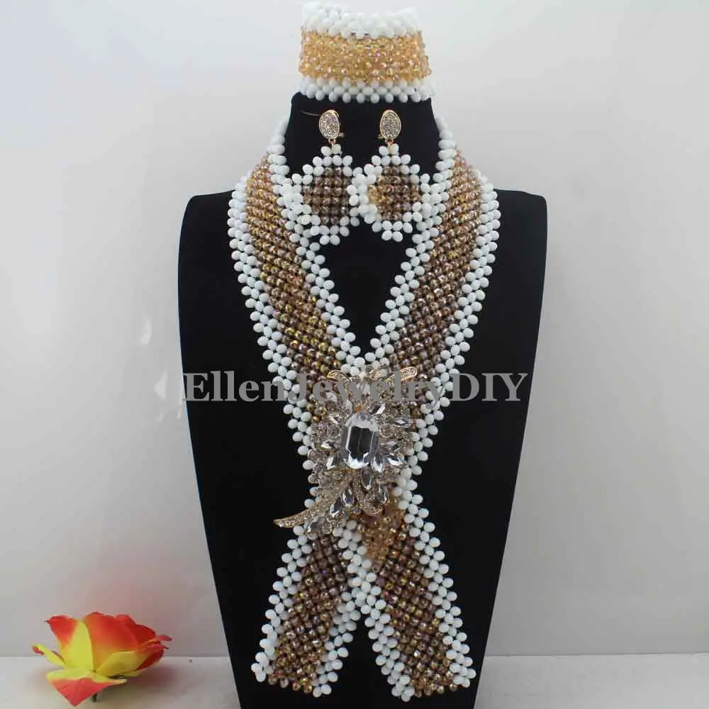 New Champagne Indian and White Crystal Beaded Necktie Necklace Set African Jewelry Sets for Brides Ceremony Free ShippingW13824