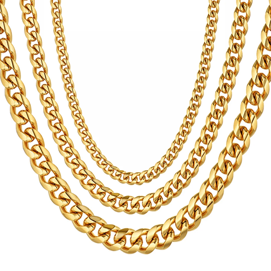 Hiphop Men\'s Thick Neck  Gold Color Stainless Steel Heavy Miami Curb Cuban Link Chains For Men Necklaces Male Jewelry