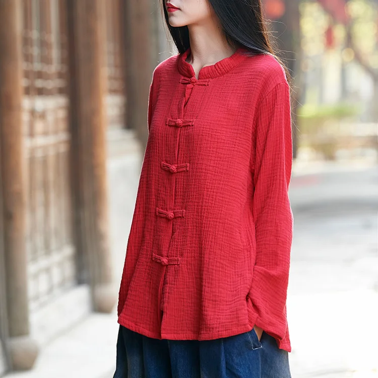 Blusa de lino y algodón para mujer, camisa rebeca con cuello retro, color rojo, primavera y otoño