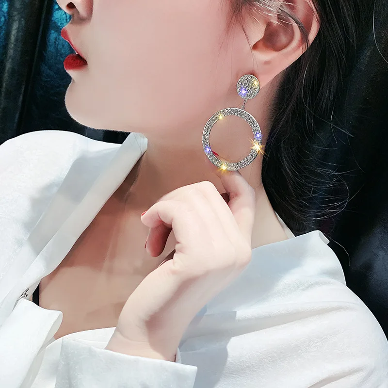 Fashion Shining Circle  Earrings Precision Inlay Gold Silver Color Color Rhinestone Earrings for Women Wedding Party Jewelry