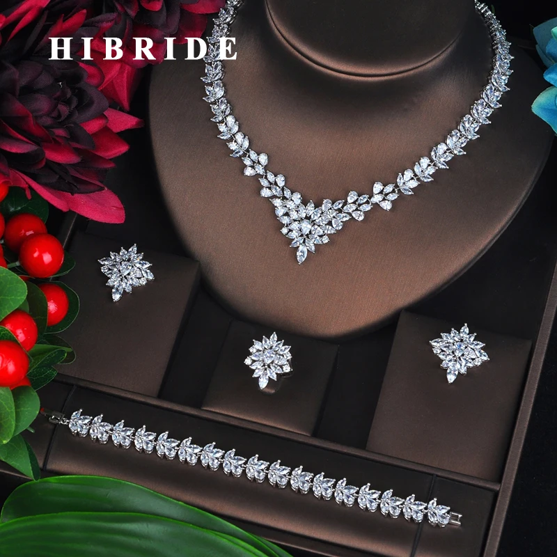 

HIBRIDE New Luxury Marquise Cut Bridal Jewelry Set Wedding Accessories 4 pcs Full Cubic Zircon parure bijoux femme N-702