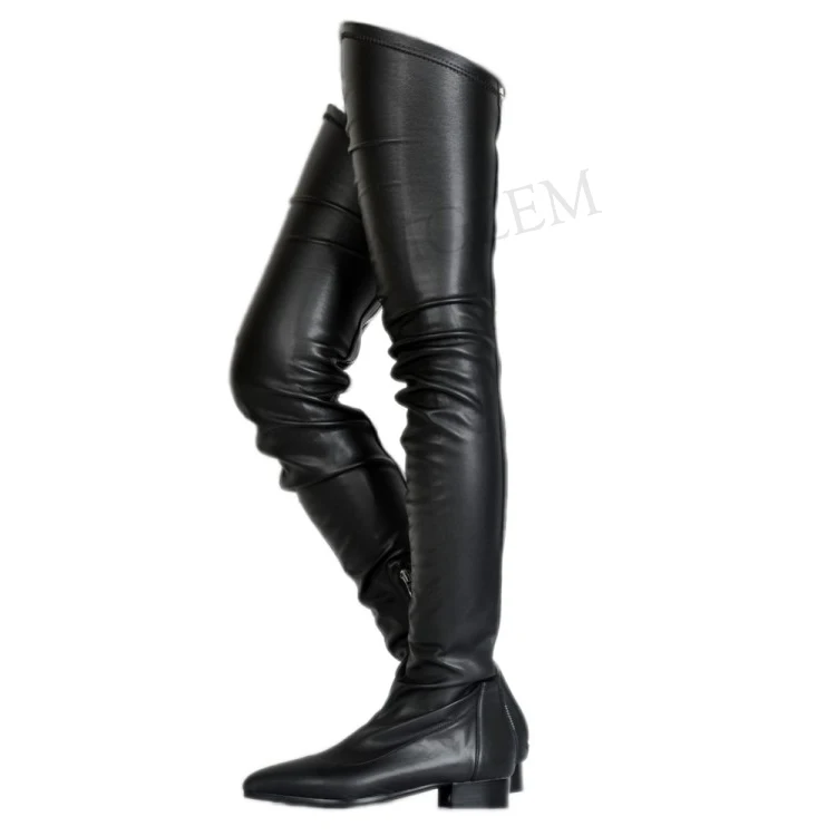 LAIGZEM Spring Summer Women Boots Thigh High Boots Low Chunky Heels Faux Leather Ladies Shoes Botines Mujer Large Size 34-47