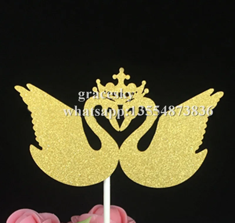 20* free shipping cheap Glitter paper Swan in Crown Desgin Wedding Cake Toppers Personalized Kids Birthday Party Cake Decoration