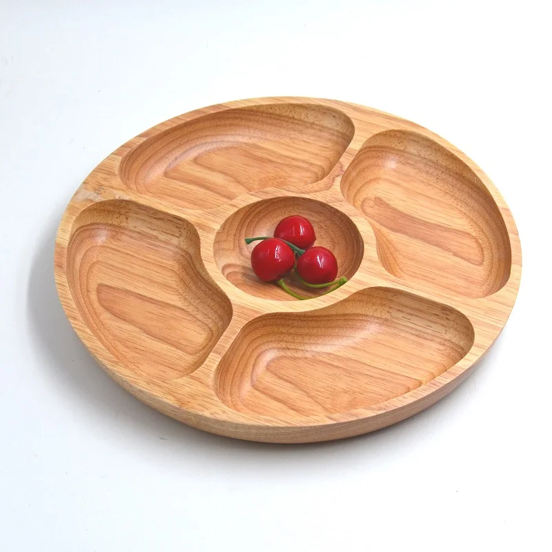 5 Lattices Round Wooden Snack Plate Family Fruit Dessert Dish Home Party Wood Gift Tray W9132