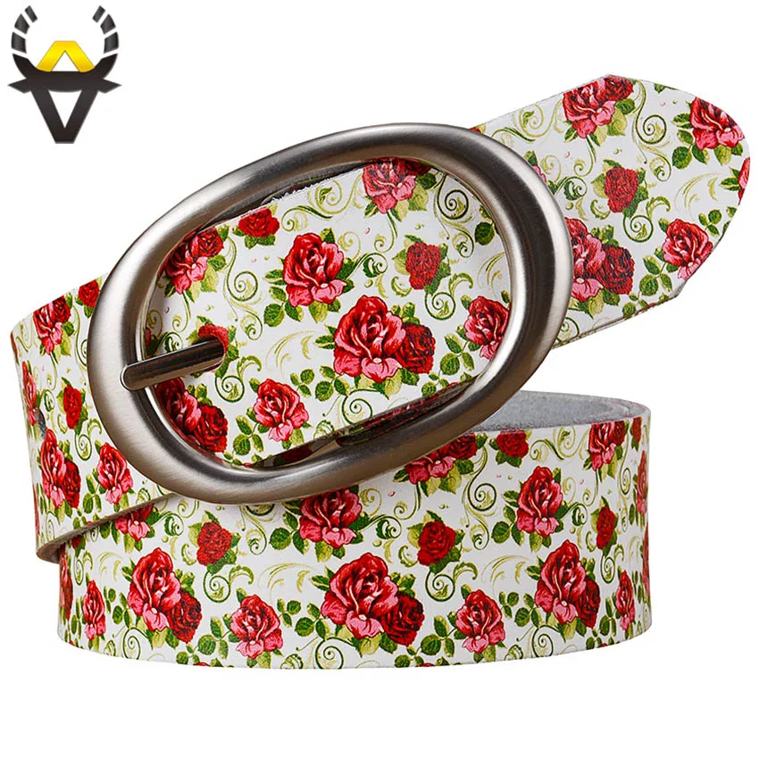 Genuine leather belts for women Fashion rose printing floral woman belt Quality Pin buckle Cow skin waist strap female width 3.5