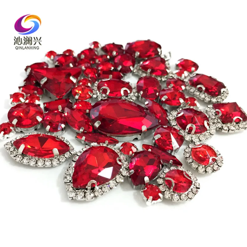 Mix Shape Red Crystal Buckle Glass Rhinestones, Silver Bottom, DIY Clothing Sewing Accessories, Used for Needlework, 50Pcs/bag