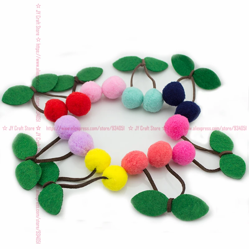 100PCS Handmade Pom Pom Cherry Appliques Dangling Pompom Balls for Girl Hair Accessory, Baby Clothes, DIY Sewing Craft Supplies