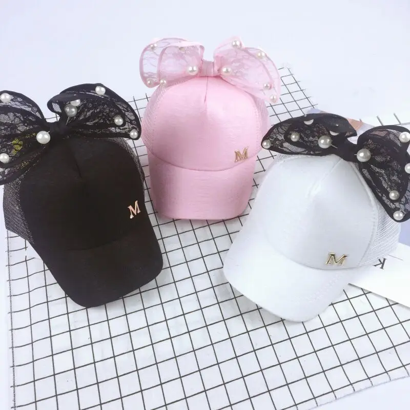 Casquette de baseball en maille pour enfants, chapeau de soleil pour enfants, snapback hip hop, oreilles de lapin, gros nœud perlé, printemps et été