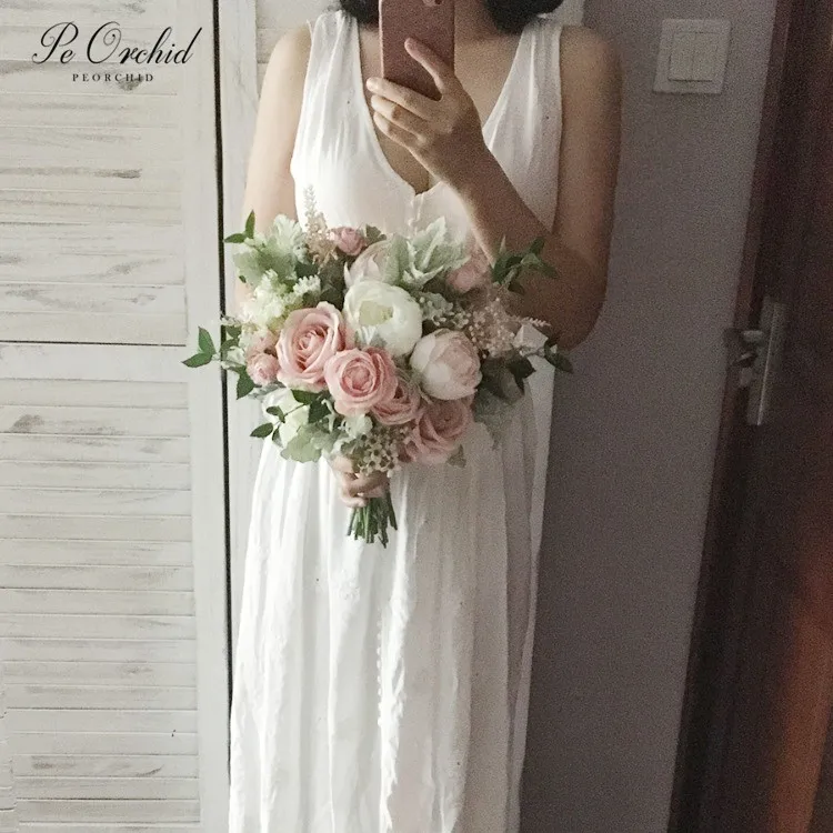 PEORCHID Cổ Điển Wedding Bridal Bouquet Nhân Tạo Ramo Novia Boda Trang Trí De Mariage Blush Màu Hồng Hoa Hồng Cô Dâu Bó Hoa