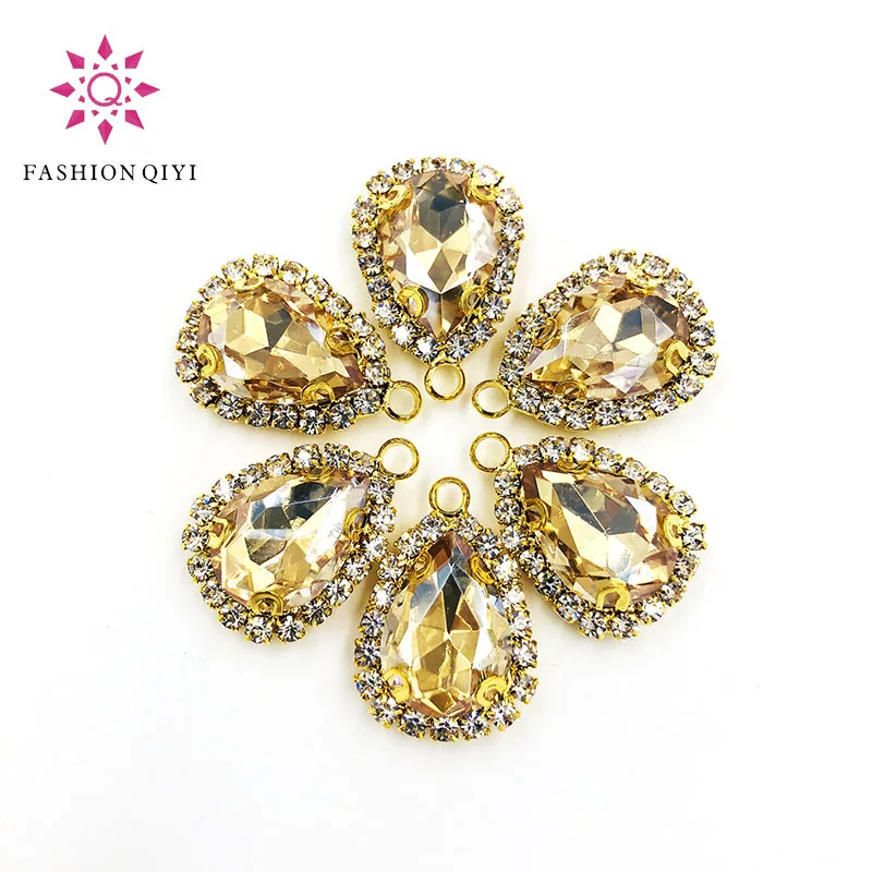 10pcs/pack 10X14mm Gold bottom Champagne teardrop Single hole Crystal button high quality sew on rhinestones diyClothing/Garment