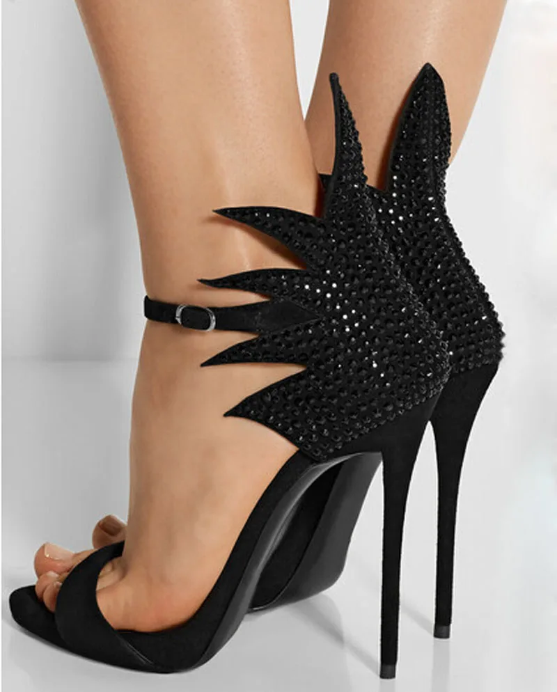 

Sexy Women Black Crystal Phoenix Tail Sandals Cover Stiletto High Heels Ankle Strap Buckle Summer Party Shoes