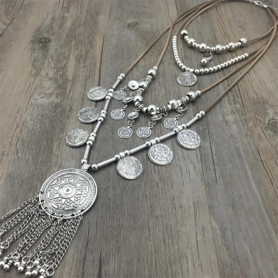 Woman Statement Necklace Bohemian Silver Beads Chain Tassel Pendant Long Necklace for Dress