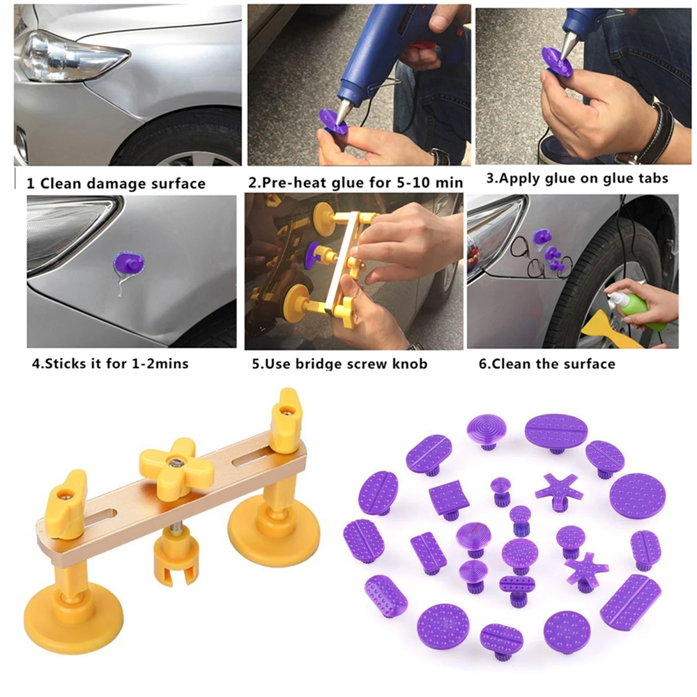 Bridge Dent Puller Kit Auto Body Dent Removal Tools Pops Dent & Ding  Car Repair with 24pc Different Size Glue Tabs