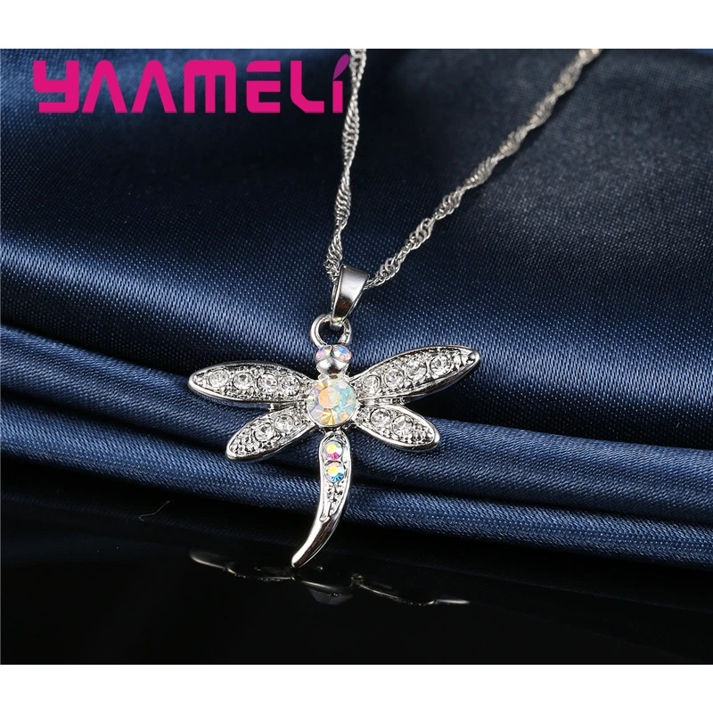 Glitter Colored Cubic Zircon Necklace Earrings Jewelry Sets for Women Girls CZ Crystal Dragonfly Real 925 Sterling Silver Color