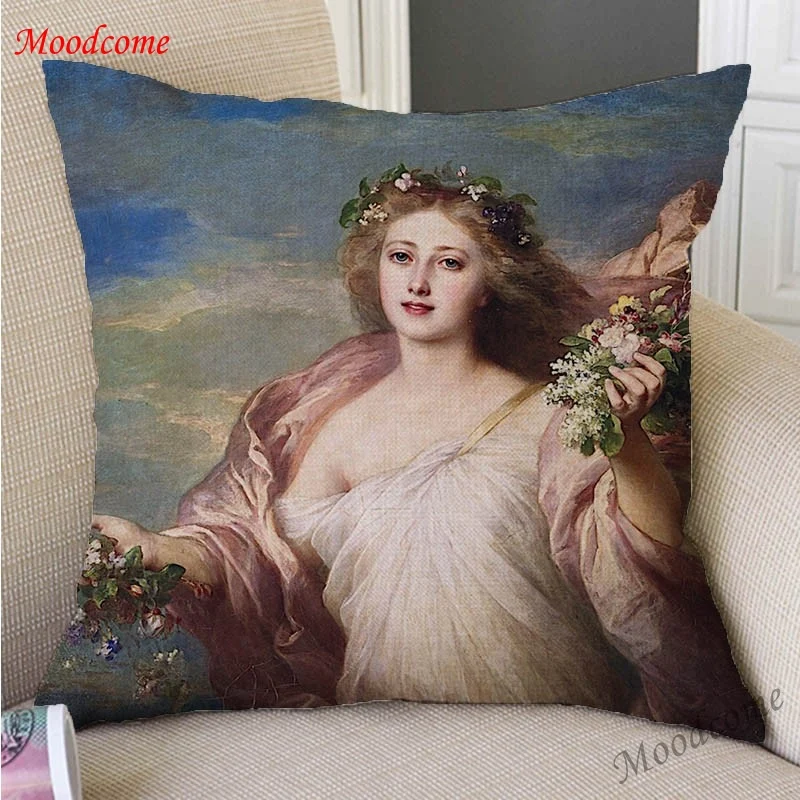 Princess Queen Portrait Rococo Court Style Home Decorative Oil Painting Pillow Case Cotton Linen Beautiful Lady Cushion Cover