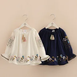 2023 Spring Autumn 2-10 Years Cotton Navy Blue White Long Flare Trumpet Sleeve Embroidery Baby Kids Girls Tassels Blouse Shirt