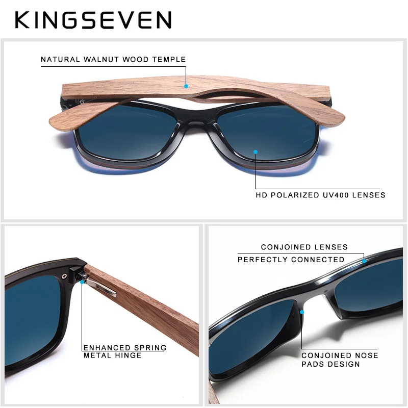 KINGSEVEN UV400 Zonnebril Voor Mannen Gepolariseerde Walnoot Hout Handgemaakte Zonnebril Hoge Kwaliteit Bescherming Vrouwen Brillen Gafas