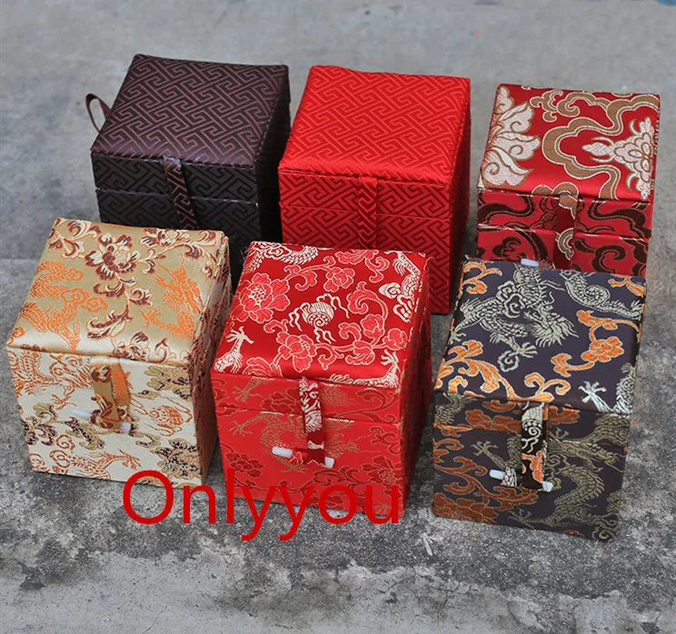 8 10 Cube Silk Brocade Wooden Jewelry Box Cotton Filled Chinese Jewellery Gift Packaging Collection Case Home Decoration