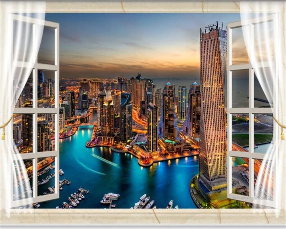 

Beibehang Custom Wallpaper Window Dubai City Night View 3D TV Backdrop Wall Decorative Backdrop Wall 3d wallpaper for walls