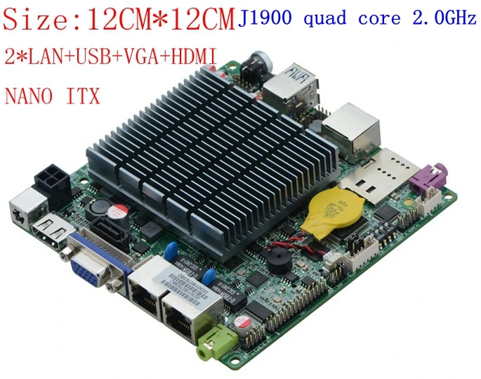 12CM fanless Nano ITX Motherboard with celeron j1900 quad core 2.0 GHz dual 1000M lan VGA HDMI motherboard DC 12V