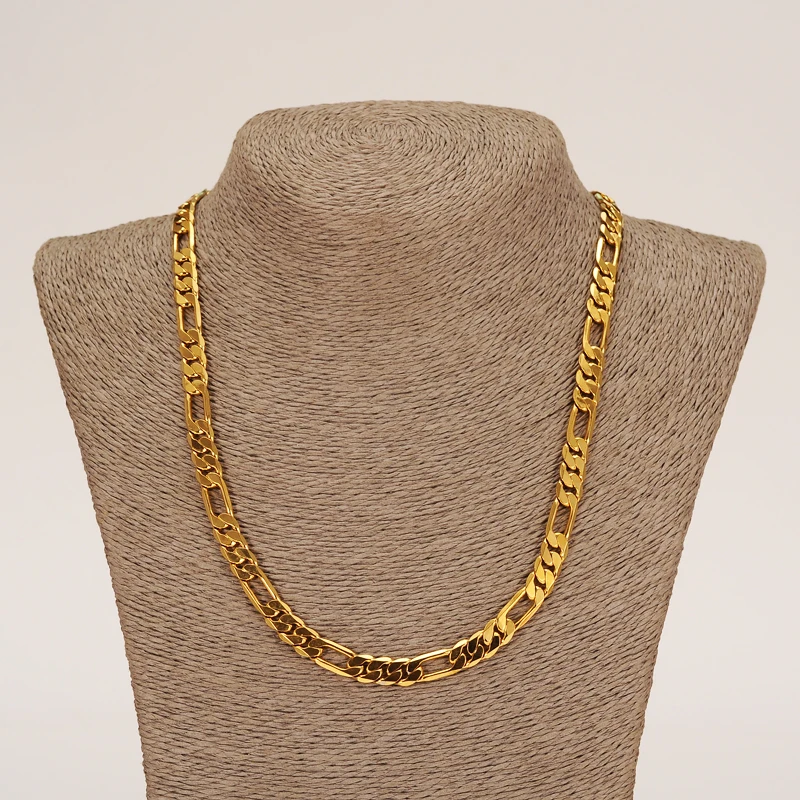 7mm Chain Chunky 60cm&21cm Fashion Gold Color Jewelry Men Necklace Sets Wholesale Trendy Figaro Chain Necklace Bracelet Sets