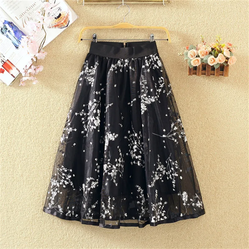 Sanishroly 2023 Sprint Summer Women Floral Print Mesh Skirt Female Elastic High Waist Pleated Skirts Eugenia A-Line Skirt SE096