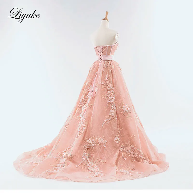 Liyuke-vestidos de noche sin tirantes, corte en A, flores personalizadas florales, recién llegado, vestido Formal naranja hasta el suelo, Reina elegante