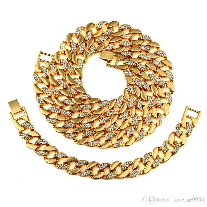 Men Fully Bling Iced Out Rhinestone  Hip Hop Necklace Imitation Gemstone Miami Cuban Chain Necklace Bracelet Curb Jewelry Sets