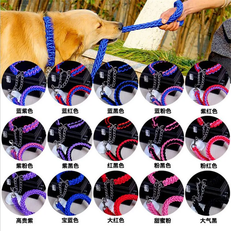 Double Strand Rope Large Dog Leashes Metal P Chain Buckle Contrast  Color Pet Traction Rope Collar Set For Big Dogs 1.2m Length