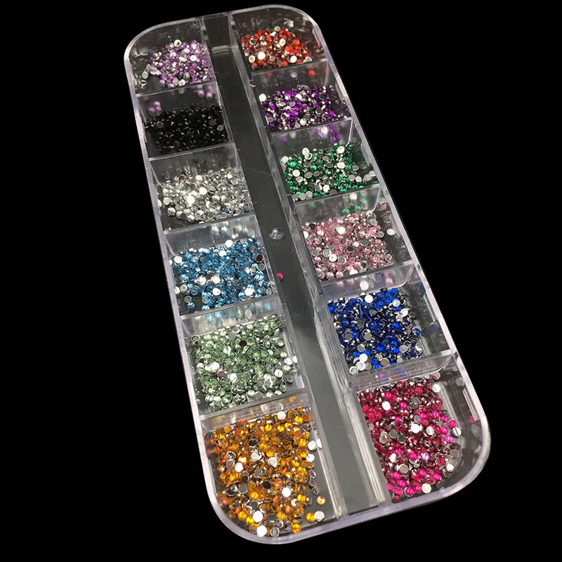 Strass decorativo com glitter para arte em unhas, caixa rígida acrílica uv gel 12 cores 2mm