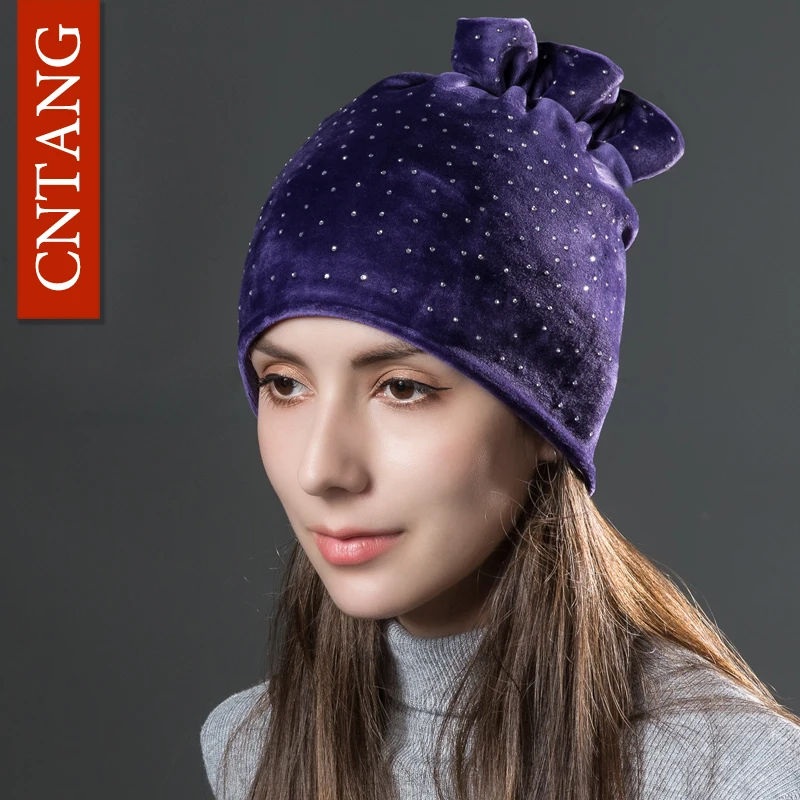 CNTANG Women Rhinestones Velvet Hats Winter Warm Fashion Tied hair Ponytail Hat For Female Autumn Flannel Caps Skullies Beanies