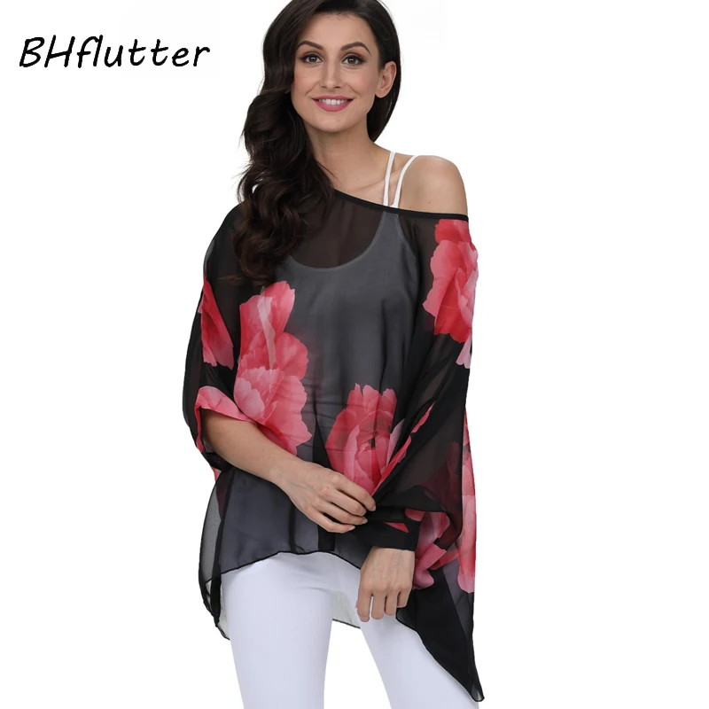 BHflutter New 2018 Women Blouse Shirt Boho Style Fashion Floral Print Chiffon Tops Tees Casual Batwing Summer Blouses Blusas