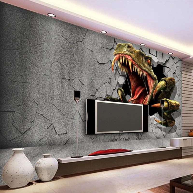 Custom Size 3D Stereo Brick Modern Creative Art Wall Painting Dinosaur Broken Wall Decoration Living Room Photo Wallpaper Poster