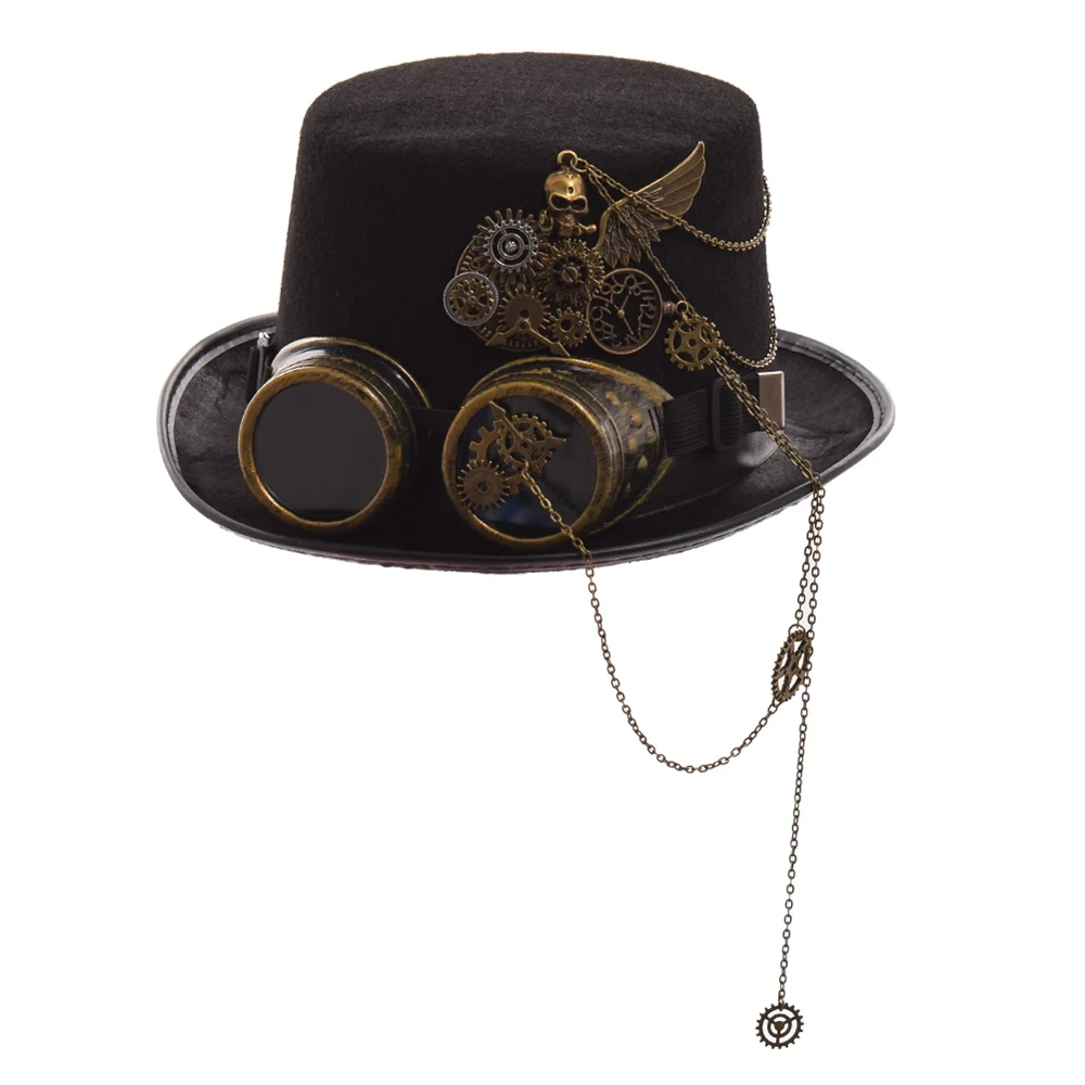 Goth Hat Goggles Vintage Men Top Hat Steampunk Skull Wings Black Party Hat