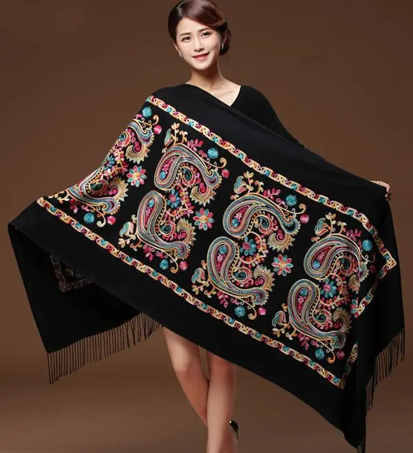 

New Arrival Women Black Embroider Flower Pashmina Cashmere Scarf Winter Warm Fine Tassels Scarf Shawl Fashion Shawl Scarves