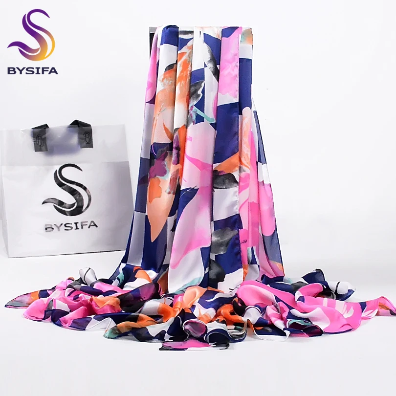 [BYSIFA] Women Brocade Satin Silk Long Scarves Wraps Bufandas Fashion Brand Accessories Winter Pink Blue Scarf Shawl 180*90cm