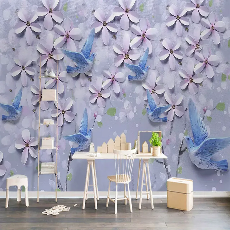 

European Style 3D Emboss Flowers Birds Photo Wallpapers For Living Room TV Sofa Wall Home Decor 3D Large Murals Papel De Pared