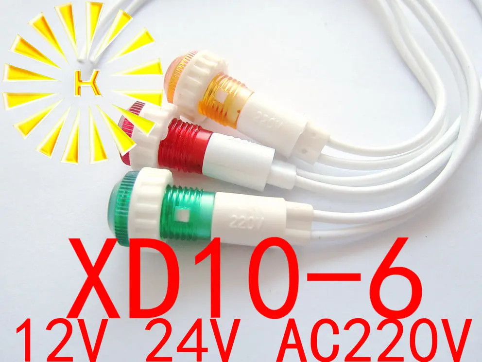 XD10-6 With 20CM Wire Signal Lamp Red Green Yellow 12V 24V AC220V 10mm Plastic Indicator Light Power LED Light Beads x 100PCS