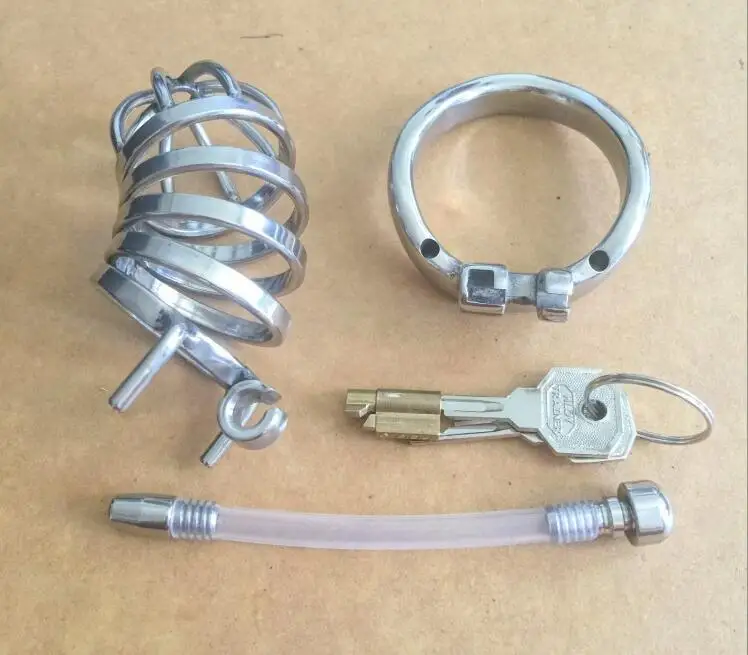 Latest Dormant Lock Design Large Male Stainless Steel Cock Penis Cage Wit Silicone Catheter Chastity Belt Ring BDSM Sex Toy A276