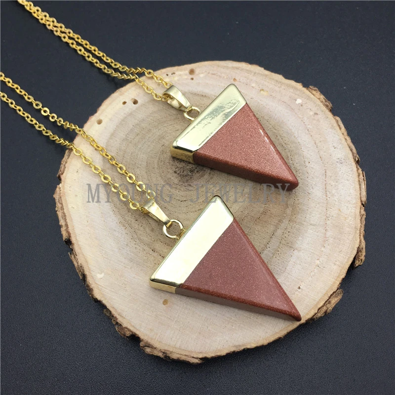 MY0945 Triangle Point Gold Sand Pendant, Gems Stone Pendant Gold Electroplated Chain Necklace kolye