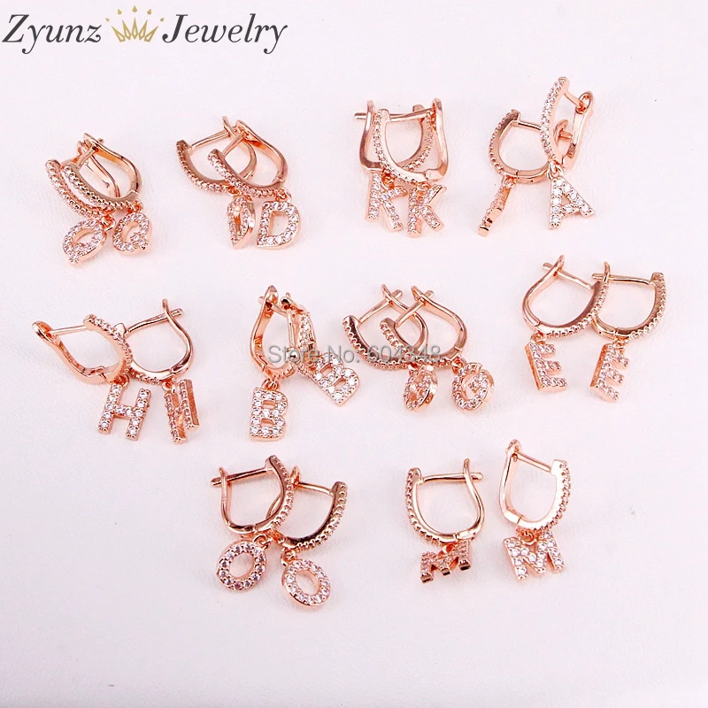 

10 Pairs ZYZ315-4651 CZ micro pave alphabet earring Rose Gold color Letter dangle Earrings for Women Jewelry