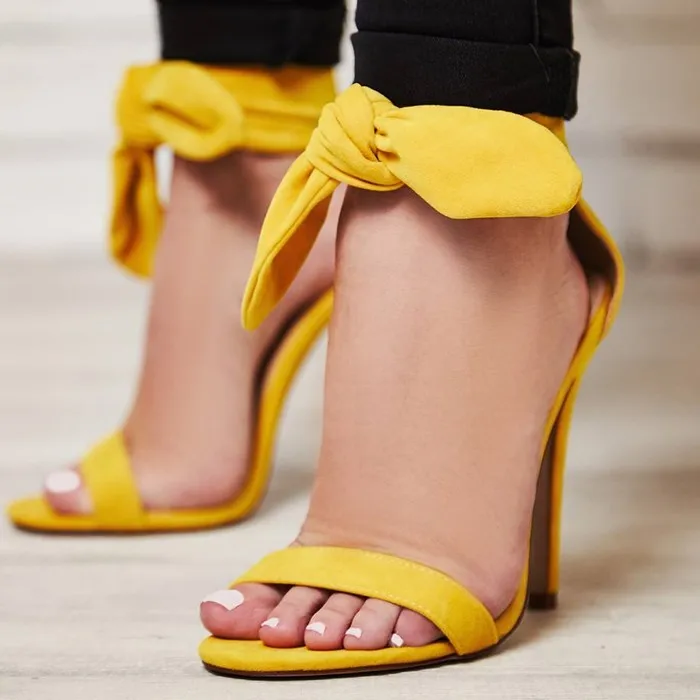 Newest Brand Designer Pink Yellow Suede High Heel Sandals Ankle Big Bowknot Gladiator Sandal Shoes Single Strap Thin Heel Pumps