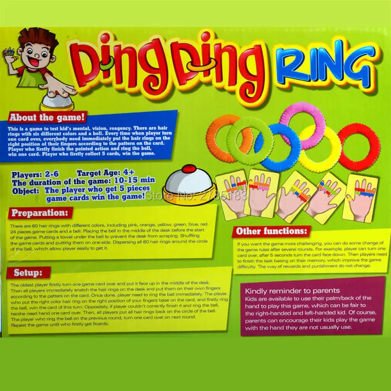 Ring Ding Toy Family Party Games Great Practical Gadgets Funny Challenge Bell  with 24 pcs picture cards 60 pcs Hair Rings