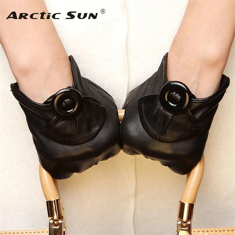 Brand Genuine Leather Gloves Fashion Black Women Sheepskin Gloves Autumn Winter Warm Wrist Buckle Driving Glove L078NQ