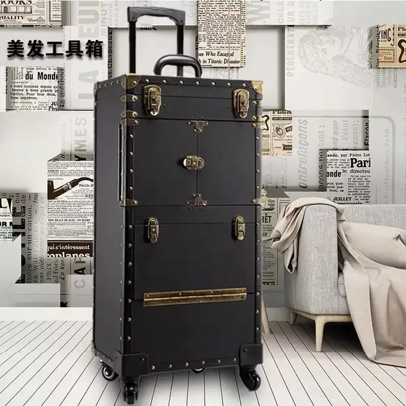 Hairdressing Toolbox Large Luggage Hair Stylist Special Trolley Personality Retro Scissors Box Stylist Cosmetic Makeup Case