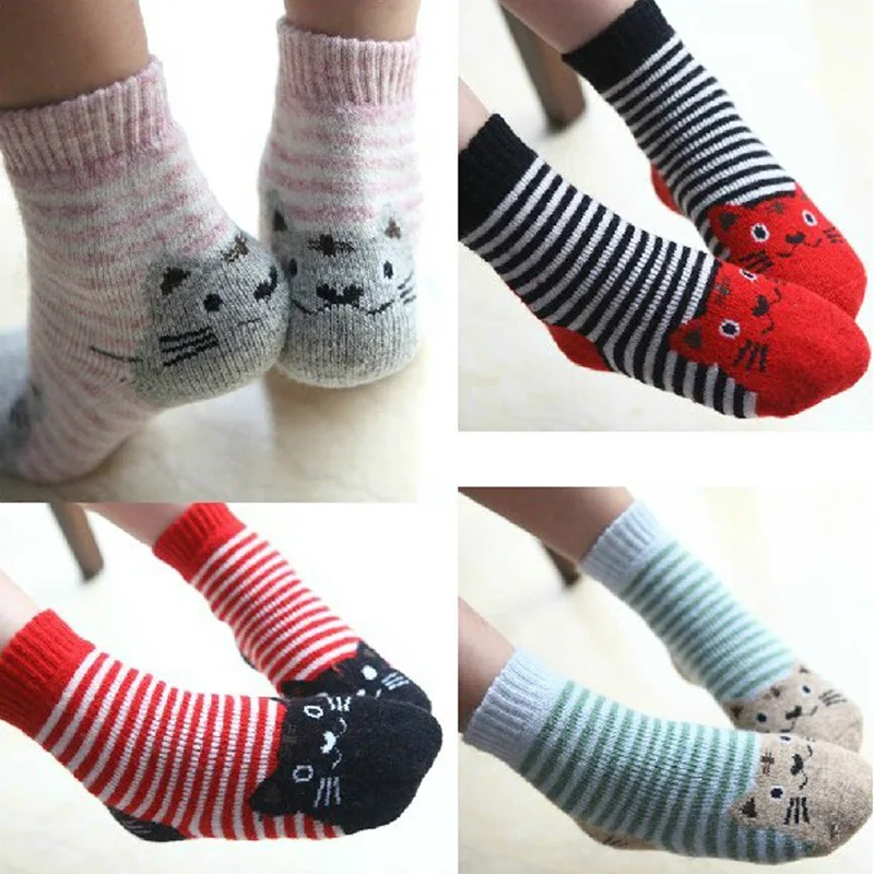 Winter Kids Socks Cotton Children Animal Socks Set Cat Cute Thick Wool Socks Lot Stripe Funny Short Baby Boys Girls Warm Soft